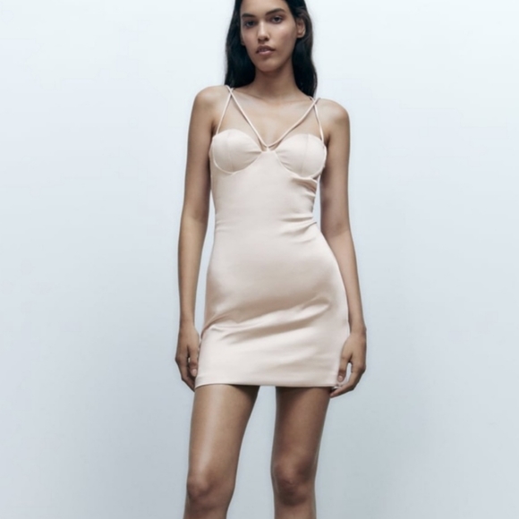 ZARA * SATIN EFFECT MINI DRESS BEIGE - Picture 9 of 11